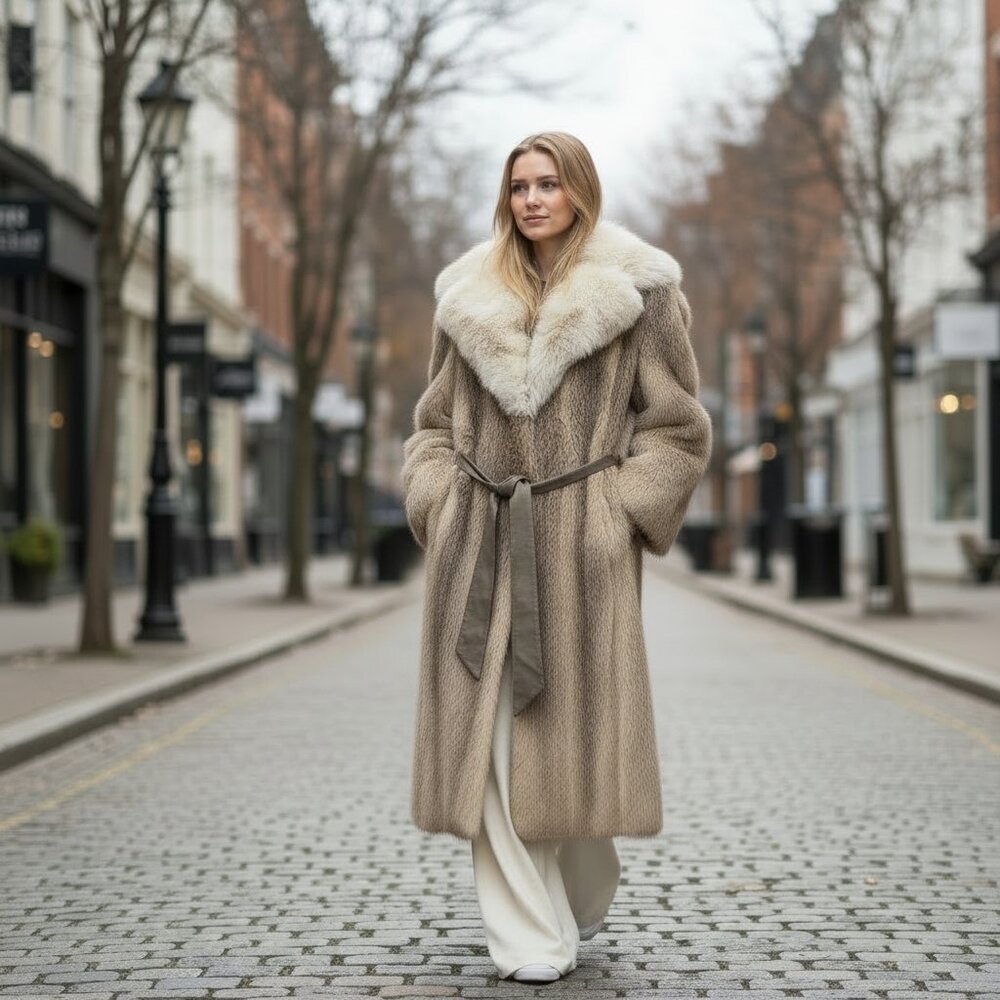 Vintage Belted Nutria & Lynx Fur Coat